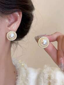 5对简约水钻几何蝴蝶结仿珍珠耳环，优雅法式设计耳环套装，适合女士日常及节日佩戴