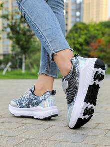 1双街头风翅膀可拆卸伸缩四轮轮滑鞋，适合青少年，男女通用，PU系带直排轮滑鞋 - 黑與白 - 查看 2