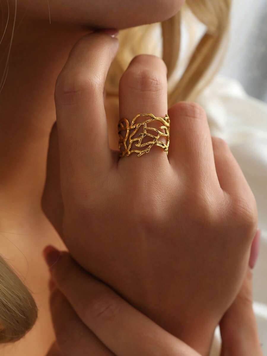 复古、不对称、质朴树枝纹理、藤蔓图案、镂空、夸张不锈钢戒指 - 金黃色 - 查看 1