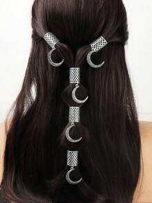 5件套银色大格纹月亮装饰套装，波西米亚风可爱嘻哈发夹，发链，编织发圈，开斋节礼物，派对配饰