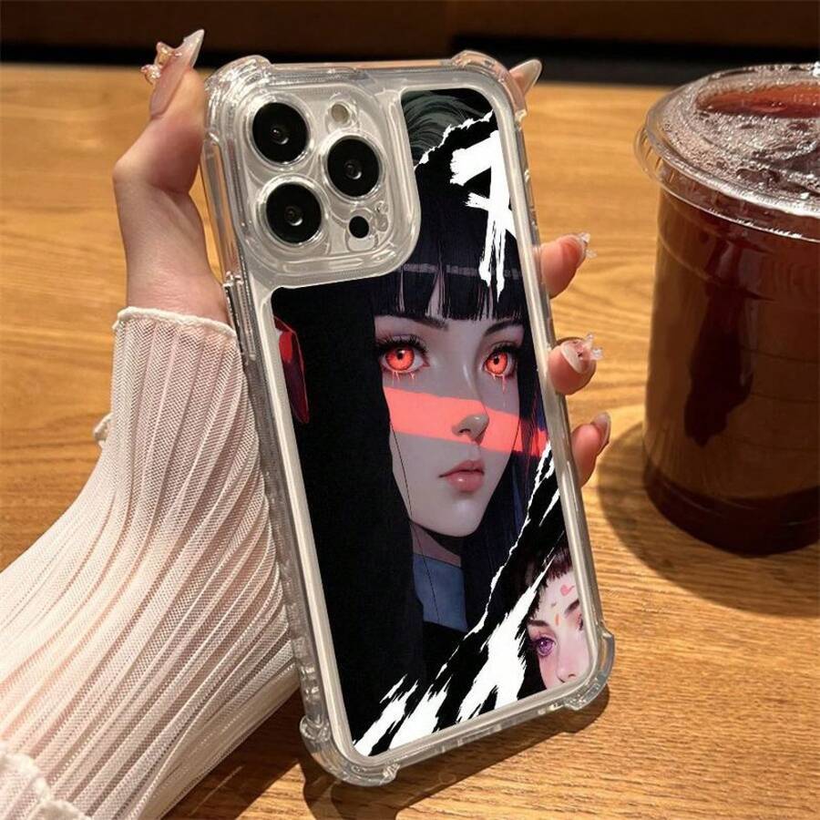 Funda de Teléfono de Arte Gótico Oscuro Inspirada en Anime para 12 a 17, con una Chica de Pelo Negro y Ojos Rojos Junto a un Personaje Secundario Marcado por un Corazón, Mostrando una Estética Vibrante de Rojo y Púrpura con Antideslizante y Resistente a Impactos en las Cuatro Esquinas 17 17promax - transparente - Ver 1