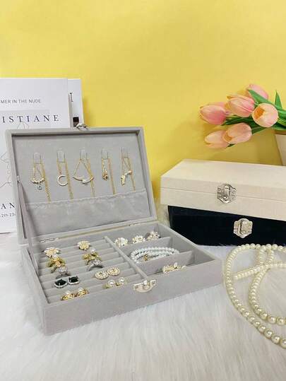 1pc Deluxe Large Capacity Jewelry Organizer Box, Velvet Locked Jewelry Box, Jewelry Storage And Display Box, Necklace, Ring, Earring, Bracelet Storage Accessory, Jewelry Storage Container, Gift For Women, Holiday Gift, Valentine's Day Gift.