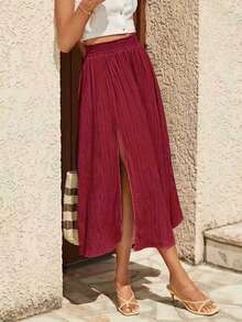 Falda larga y suelta con cintura tipo bolsa de papel y abertura hasta el muslo, de unicolor con abertura alta hasta el muslo, cintura tipo bolsa de papel, de tela texturizada, adecuada para vacaciones - Burdeos - Ver 2