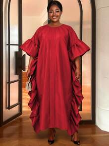 African Inspired Long Dress With Ruffle And Flare Sleeves Round Neck Woven Fabric For Special Occasions - Red - View 4