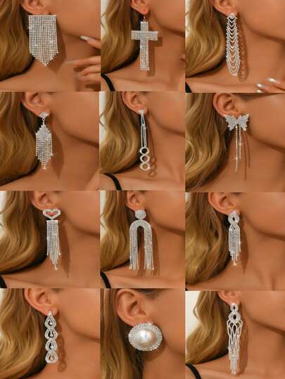 1 Pair Of Silver Rhinestone Inlaid Tassel Earrings For Elegant Party And Holiday Gifts, JDD Jewelry For Valentine's Day, Mother's Day, Mother's Day Gifts (Multiple Styles To Choose From)