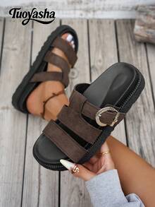 New Fashion Metal Buckle Decor Slip-On Wedge Heel Sandals, Comfortable Non-Slip, Versatile & Easy To Clean, Suitable For Beach & Daily Wear,Summer Shoes - Coffee Brown - View 7