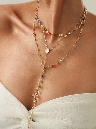 3pcs/Set Elegant Vintage Rhinestone Decorated Layered Cross Pendant Necklace, Fashionable Versatile Choker Jewelry Suitable For Daily Wear, Party, Music Festival, Date