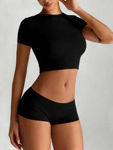 XLLAIS 2025 Women's Fitted Short Sleeve Crew Neck Sports T-Shirt, Cooling & Warm Layering, Cute Summer Top Casual Black - Black - View 7