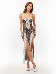 Women's 2026 Summer New Leopard Print Lace Slip Dress High Split Sexy - Họa tiết da báo - Xem 4