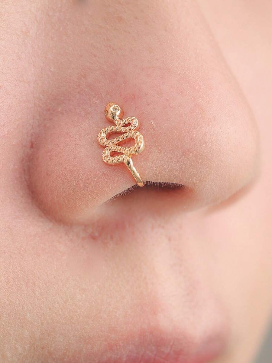 Nooxian 1pc Cute Mini Snake Medusa U-Shaped Fake Nose Ring, No Piercing Required - Yellow Gold - View 1