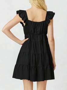 Women Tiered Mini Dress Solid V Neck Flutter Sleeve Backless A-Line Short Dress For Daily Party Club - Black - View 6