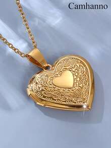 Camhanno 1件复古优雅不锈钢爱心相框项链，金色奢华百搭爱心吊坠，日常佩戴，节日礼物，生日礼物 - 彩色 - 查看 3