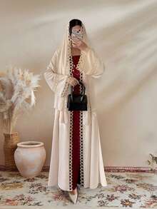 Women's Robe Set, Lace Trim Open Front Robe With Sleeveless Dress And Chiffon Scarf - Lightweight, Dignified, Breathable, Suitable For Spring/Summer, Apricot Elegant Party Dress - Apricot - View 3