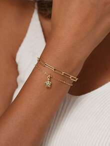 Set de 2 pulseras para niña, estilo bohemio de verano playa, cadena básica multicapa chapada en oro, cadena de imperdible, pulsera multicapa con colgante de tortuga de cobre incrustado de circonita, serie océano, regalo de joyería - Dorado - Ver 6