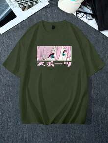 Y2K Anime Eye Print Oversized T-Shirt, Loose Fit, Premium Soft Fabric, Summer/Spring - 軍綠色 - 查看 4
