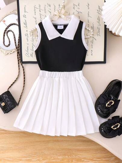 2pcs/Set Young Girl' Sporty Collared Sleeveless Tank Top And White Pleated Skirt Set, Summer