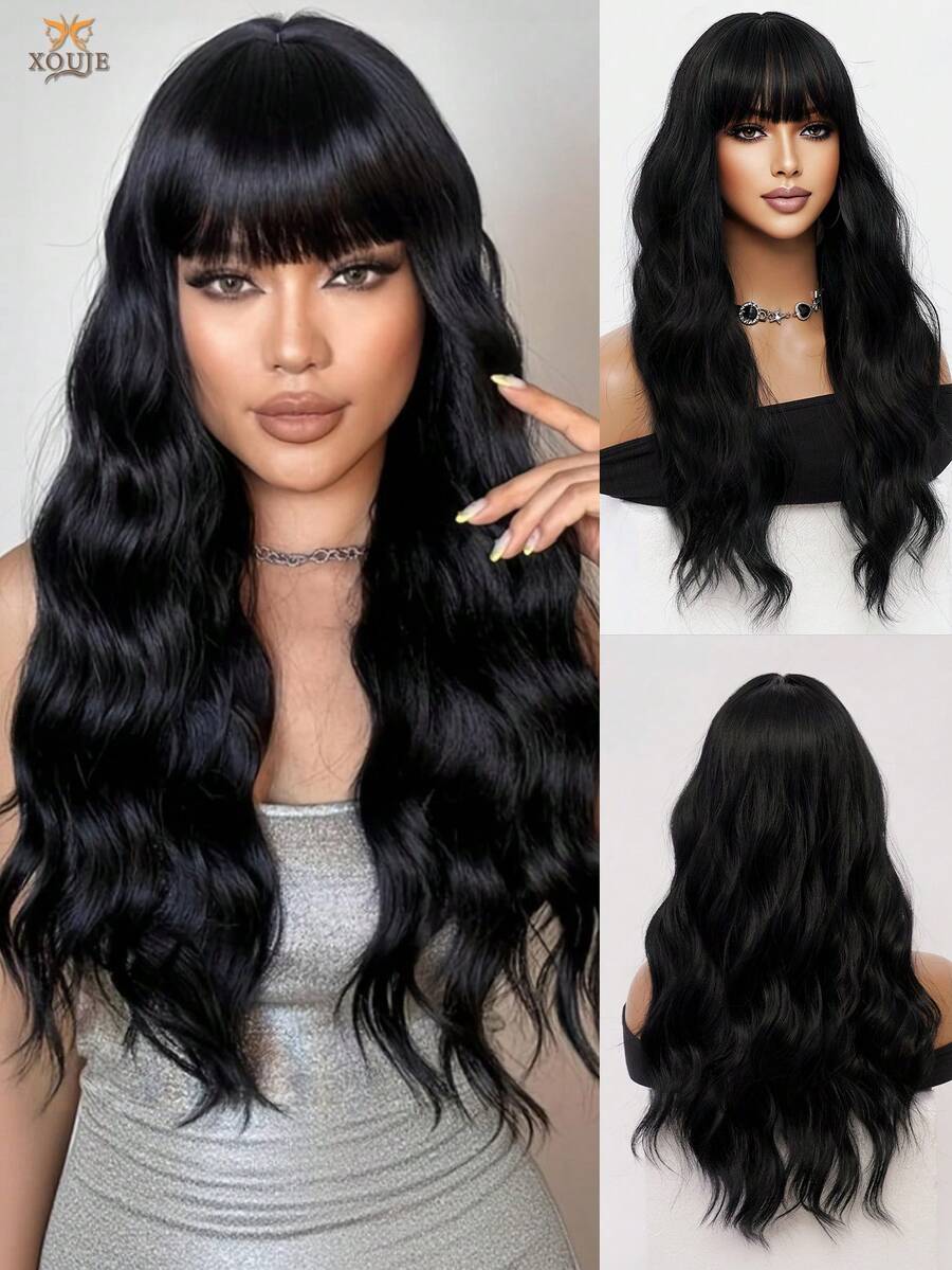 26英寸自然黑色长波浪卷耐热合成纤维假发，带刘海，轻盈柔软蓬松，适合女性时尚、日常佩戴、节日聚会、约会、优雅派对、万圣节、圣诞节、角色扮演、洛丽塔风格等场合。 - 黑色 - 查看 1