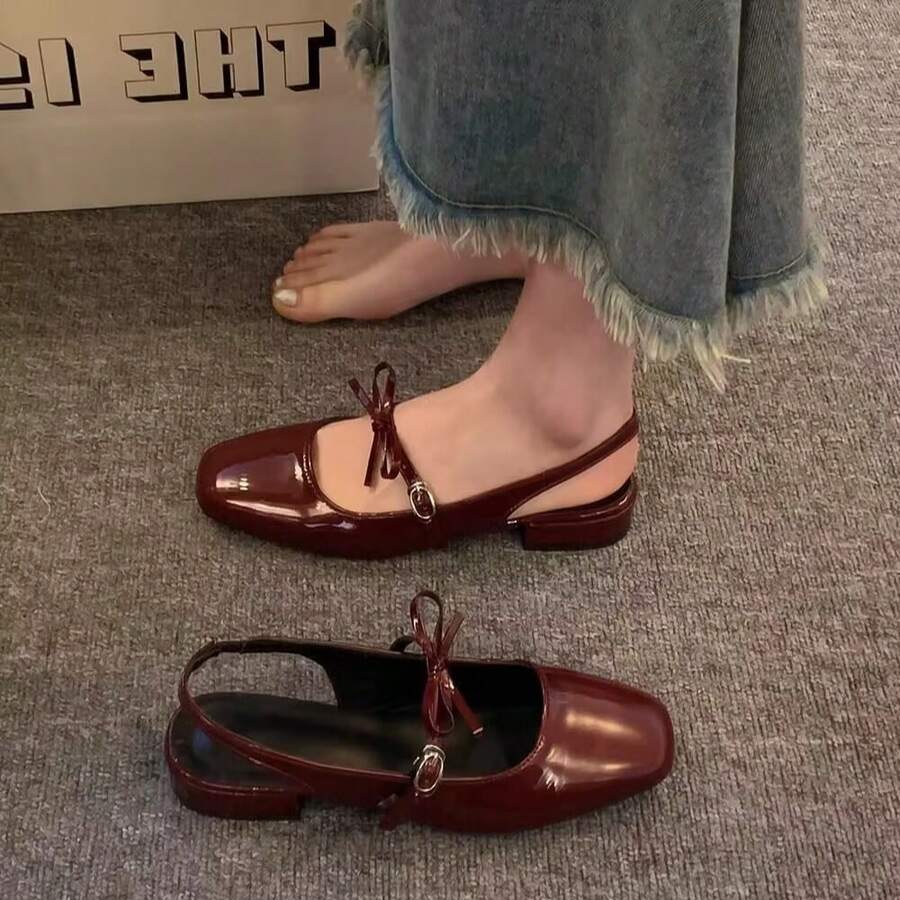 Zapatos Mary Jane de Plata de Nicho Francés con Lazo, Sandalias de Punta Cerrada, Primavera Verano 2025, Nuevos Zapatos Pequeños de Cuero, Zapatos Individuales - Plateado - Ver 1