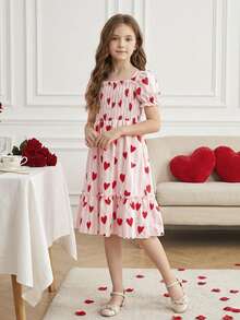 Girls' Sweet Heart Pattern Puff Sleeve & Ruffle Hem Decorated Princess Dress, Summer Beach Holiday Party Outfit - Multicolor - View 7