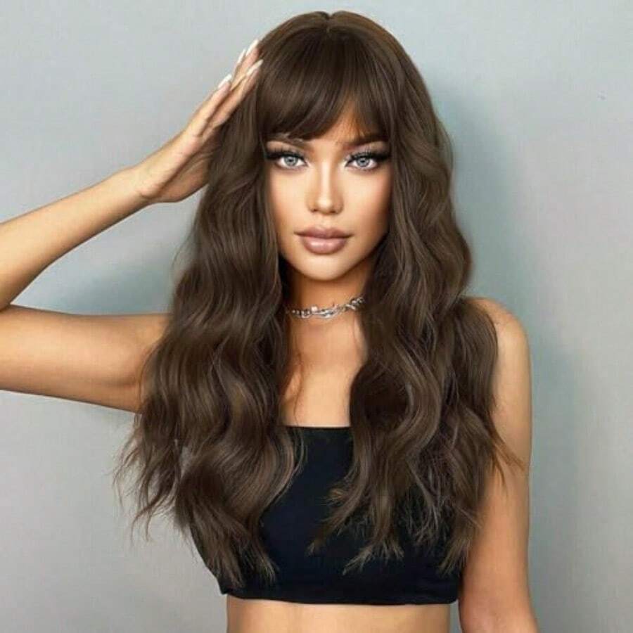 D22 Inch Long Brown Curly Wavy Wigs With Bangs For Women Natural Looking Synthetic Heat Resistant Fiber Hair Wig For Daily Party Cosplay Halloween Costumes Dark Brown Wig - 深棕色捲髮 - 查看 1
