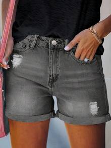 Casual Street Style Women Loose Denim Wide Leg Shorts, Fashion For Summer - Dark Grey - View 5