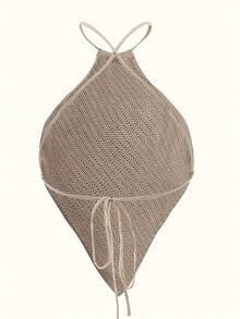 度假风波西米亚风不对称露背交叉系带针织吊带背心，春夏新品 - 杏色 - 查看 4