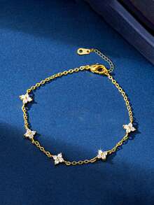 1pc Women's Bracelet, Bohemian Tassel Style, Copper Inlaid Zirconia Four-Leaf Clover Flower Bracelet, Daily Accessory Gift - Yellow Gold - View 7