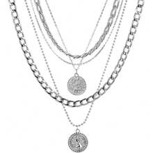 Todenb Layered Gold Pirate Necklace For Women Chunky Chain Pirate Jewelry 80s 90s Coin Pendant Necklace Pirate Costume Accessories,Silver - Bạc - Xem 1