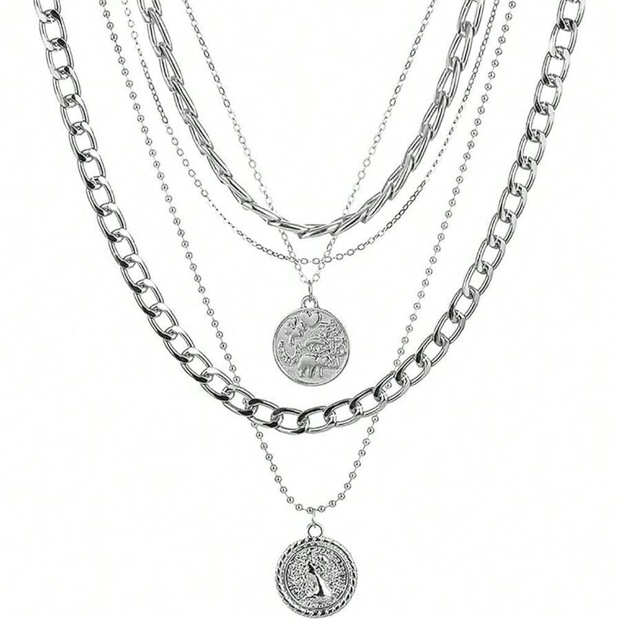 Todenb Layered Gold Pirate Necklace For Women Chunky Chain Pirate Jewelry 80s 90s Coin Pendant Necklace Pirate Costume Accessories,Silver - Bạc - Xem 1