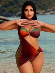 "2026 Must-Have Ombre Red-Brown & Green One-Piece: Stretch Fabric, Sling Strap & Cutout Detail Swimwear" - 彩色 - 查看 4