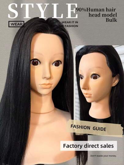 22 Inch 90% Real Human Hair Mannequin Head, Beauty Salon Hairstyle Training Model With Tabletop Clamp, For Hair Extensions Practice