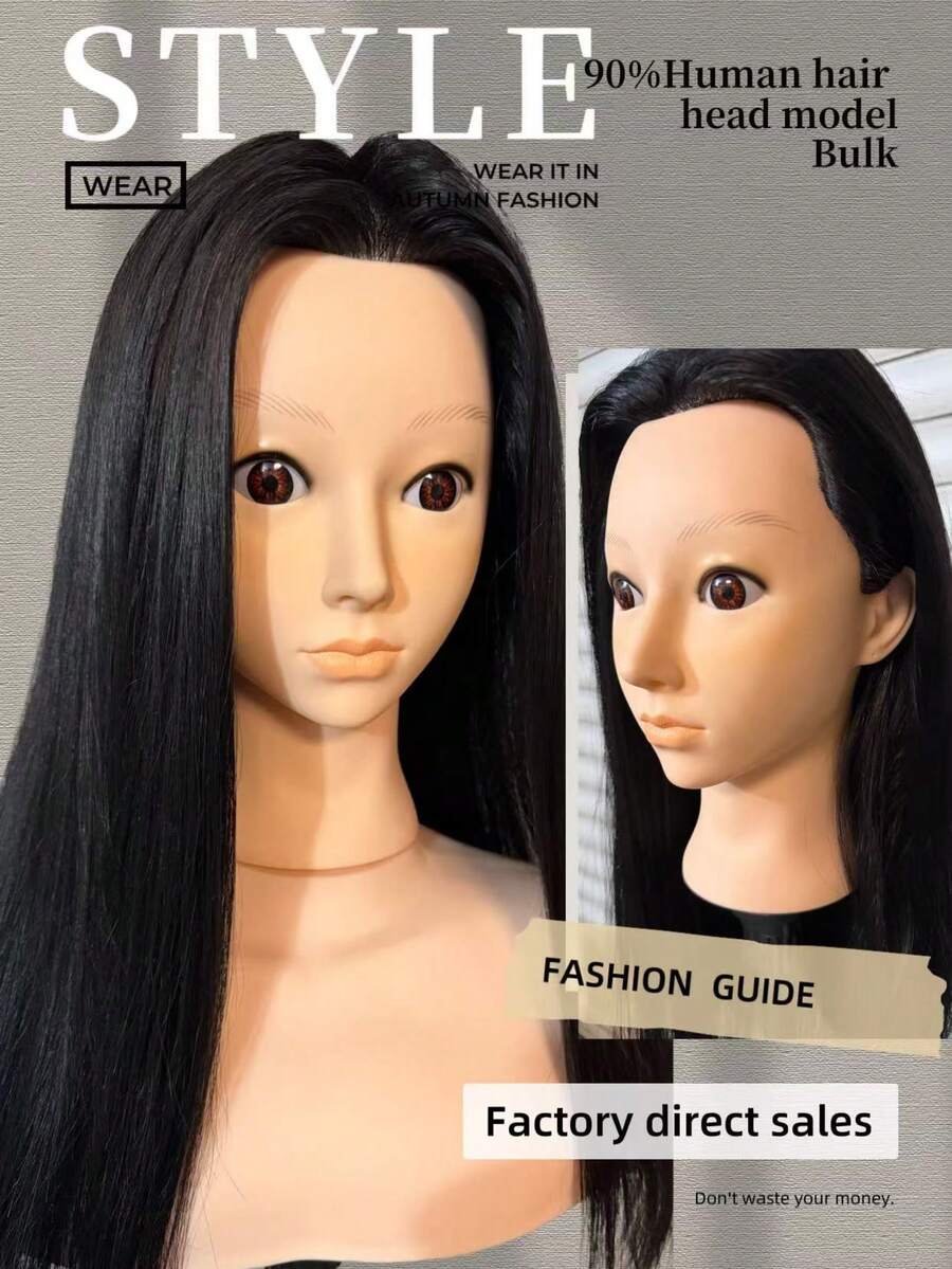 22 Inch 90% Real Human Hair Mannequin Head, Beauty Salon Hairstyle Training Model With Tabletop Clamp, For Hair Extensions Practice