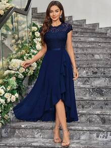 MIUSOL Colorblock Floral Lace Chiffon Ruffle Hem Formal Party Dress, Elegant Bridesmaid Dress, Semi-Formal Ladies Dress, Suitable For Vacation, Graduation Ceremony, Gala And Other Occasions - Navy Blue - View 3