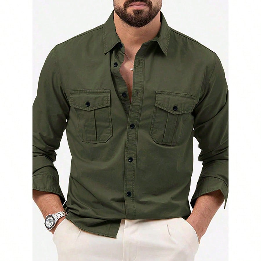 Camisa de vestir de manga larga de unicolor versátil para hombre, casual de negocios, otoño