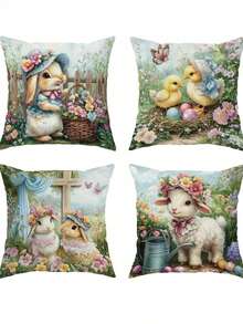 4pcs Easter Bunny & Chick Velvet Throw Pillow Covers - Whimsical Floral Sheep & Decorative Eggs Design, Soft & Comfortable With Zipper, Machine Washable - Perfect For Spring Living Room & Bedroom Decor - Pillow Inserts Not Included, Cute Throw Pillows - Multicolor - View 10