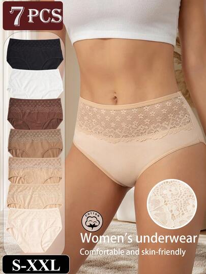 7PCS High Waist Lace Women's Panties, Floral Print Cotton Briefs - Soft & Comfortable Daily Underwear
