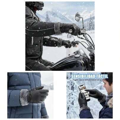 Guantes de Piel para Hombre, Guantes Gruesos de Motocicleta con Pantalla Tctil, Guantes Negro para el Fro, con Forro de Felpa, Impermeable, para Regalos de Invierno y Navidad para Hombres