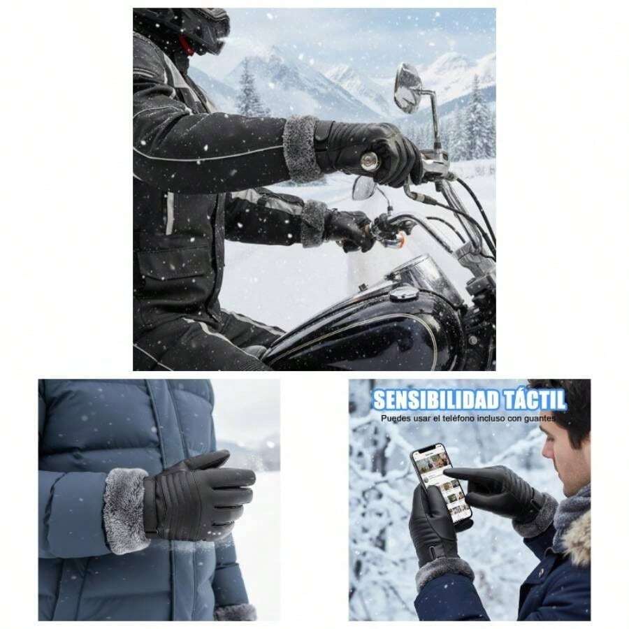 Guantes de Piel para Hombre, Guantes Gruesos de Motocicleta con Pantalla Tctil, Guantes Negro para el Fro, con Forro de Felpa, Impermeable, para Regalos de Invierno y Navidad para Hombres - inicial - Ver 1
