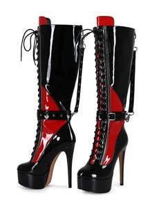 女士朋克风厚底撞色圆头系带过膝长靴 - 黑色 - 查看 3