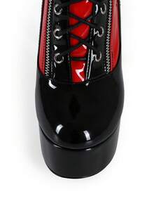 女士朋克风厚底撞色圆头系带过膝长靴 - 黑色 - 查看 5