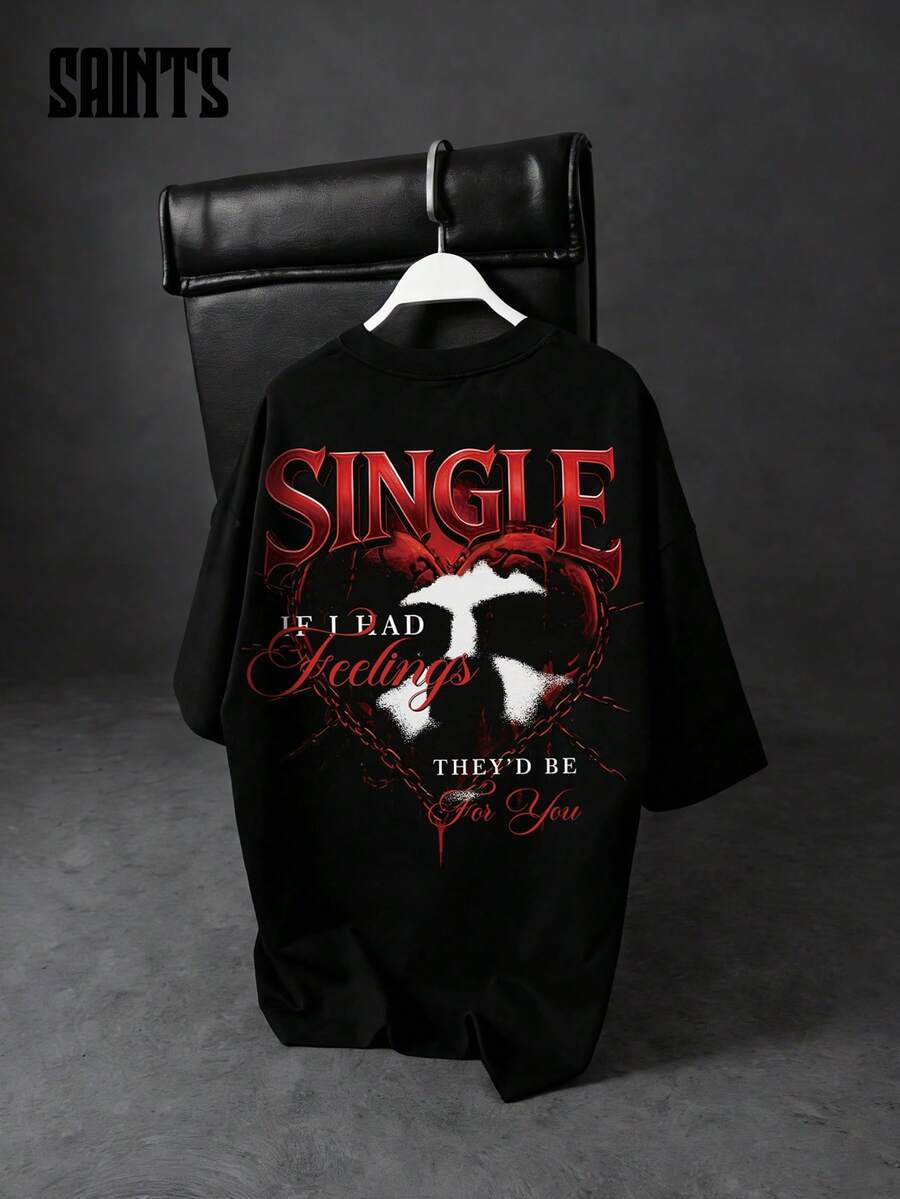 Black Base Red Contrast Heart Chain Print Short Sleeve T-Shirt, Dark Romantic English Slogan Loose Top - Black - View 1