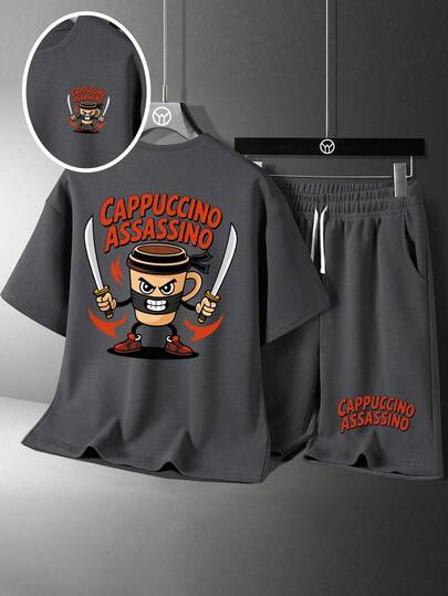 青少年男童卡通图案印花圆领短袖T恤和短裤套装