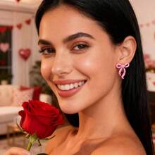 Red Bow Earrings Valentines Day Earrings Women  Dangle Drop Earring Prom Party Valentines Outfit - A5: Khuyên tai nơ hồng - Xem 3