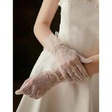 Short Lace Mesh Gloves Tulle Border With Pearls Wedding Opera Tea Party Gloves For Women Formal,OneSize,White - White - View 6