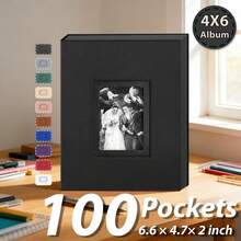 4x6 Photo Album 100/500/800 Pockets - Vegan Leather Refillable Album With DIY Front Window, For Family Wedding Photocards Valentines Day Gifts For Her - 黑色 - 查看 2