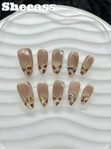 10片手工制作的杏仁形中号美甲贴片，棕色，3D美甲装饰，法式豹纹图案，包含3个美甲工具、美甲胶水和配件，适合女性和女孩在派对、旅行、日常佩戴、夏季、度假、音乐节等场合使用。 - 彩色 - 查看 1