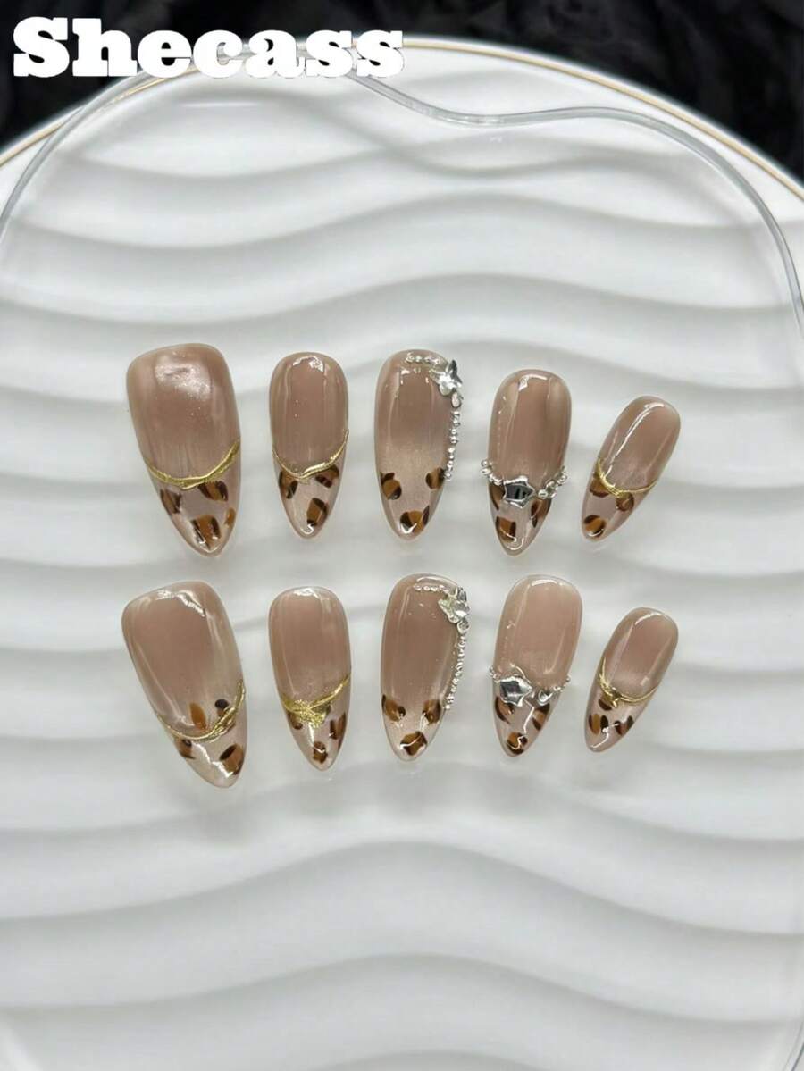 10片手工制作的杏仁形中号美甲贴片，棕色，3D美甲装饰，法式豹纹图案，包含3个美甲工具、美甲胶水和配件，适合女性和女孩在派对、旅行、日常佩戴、夏季、度假、音乐节等场合使用。 - 彩色 - 查看 1