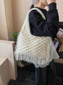 Fashionable Versatile Crochet Knitted Scales Tassel Women Tote Bag Casual Shoulder Bag Handbag - Multicolor - View 1