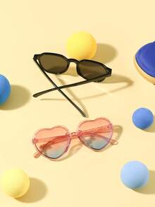 一套两副，男女童款（3-8岁）聚碳酸酯方形心形镜框经典时尚眼镜，户外旅行防晒节日派对必备，附赠眼镜盒 - 彩色 - 查看 5