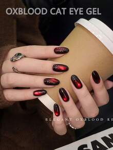 1pc/3pcs 15ml Red Glass Bead Cat Eye Gel Nail Polish, 2026 Autumn/Winter New Cherry Wine Red Cat Eye Butterfly Bottle Manicure, Valentine's Day Nail Art - Burgundy - View 2